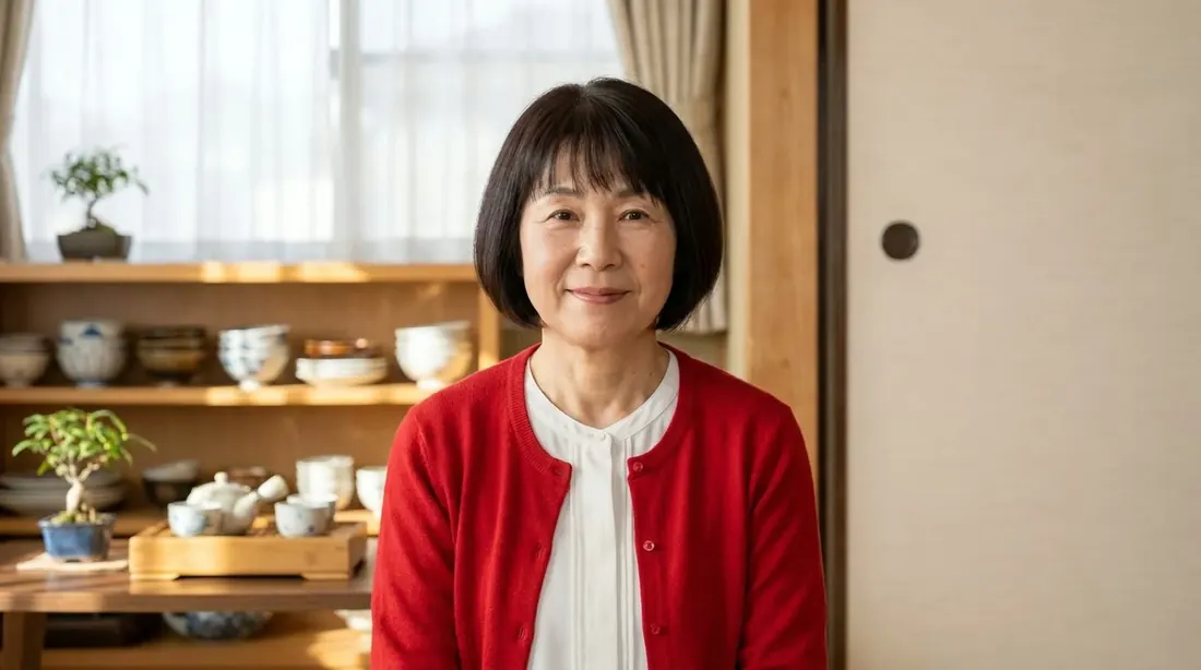 Haruko Tanaka at home, in front of a shelf of bowls