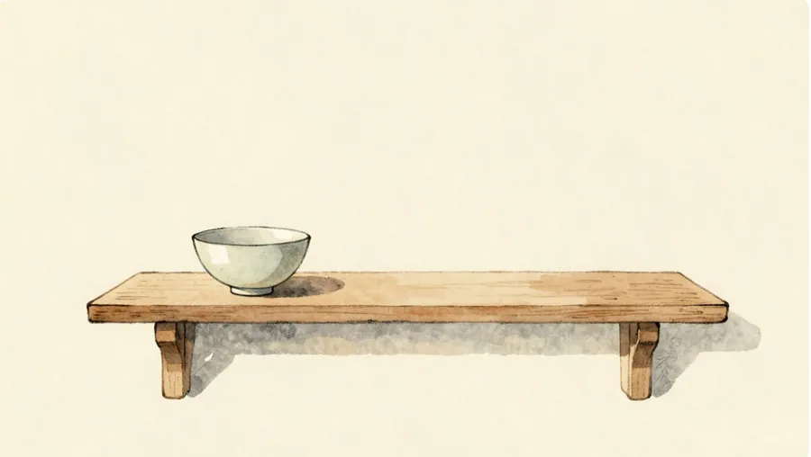 A watercolor of a plain wooden shelf holding a single bowl, from chapter one